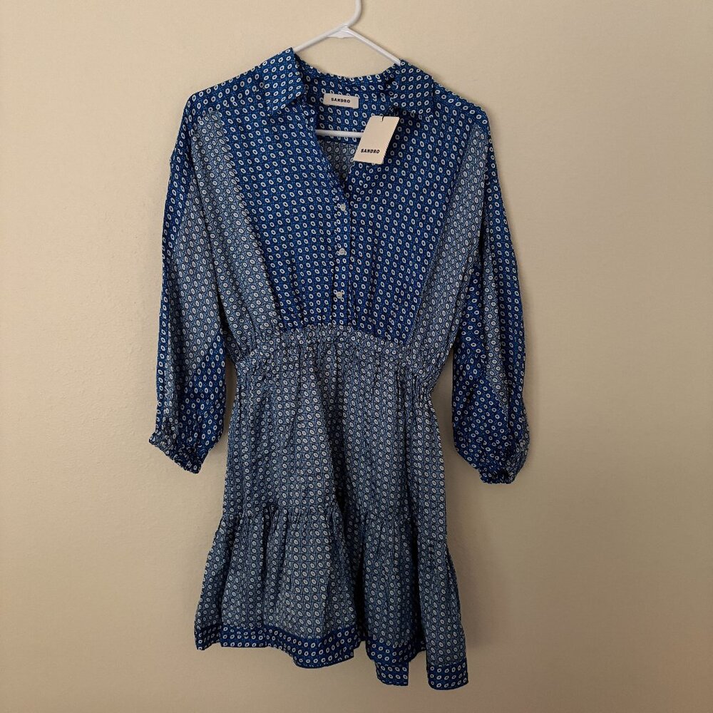 Sandro “Kate” Tiered Mini Dress – Blue Geometric Print |‎ Size 36 (US 4) – NWT